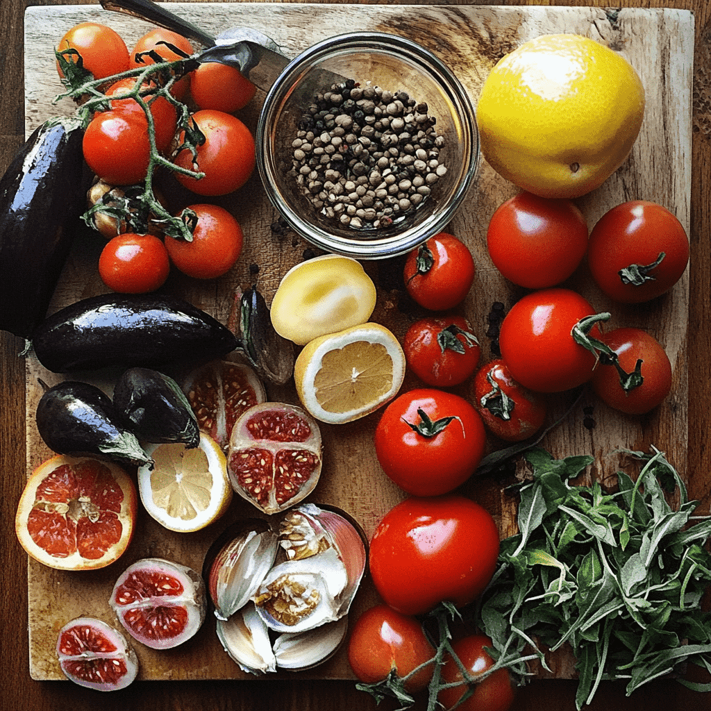 A variety of fresh Mediterranean ingredients including tomatoes, figs, eggplant, lemon, garlic, and spices on a wooden cutting board.